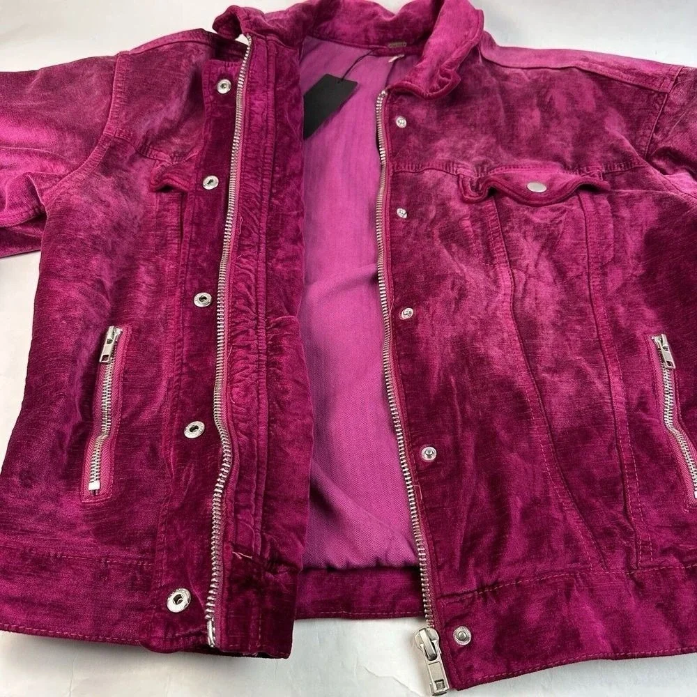 Free People Trucker Jacket Women XS/S Magenta Velvet Corduroy Snap Front Boho - Picture 11 of 15
